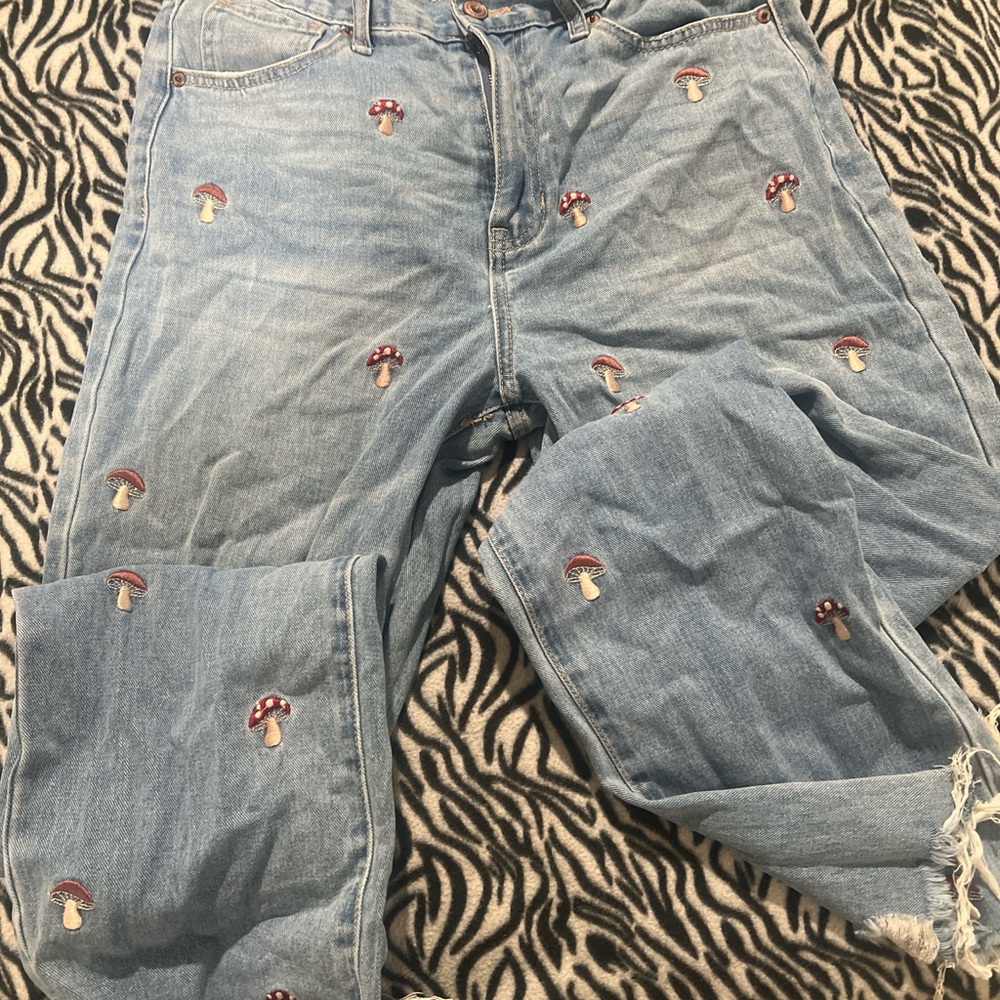 Fashion Nova Light Blue Mushroom Embroidered Jeans - Picture 3 of 4